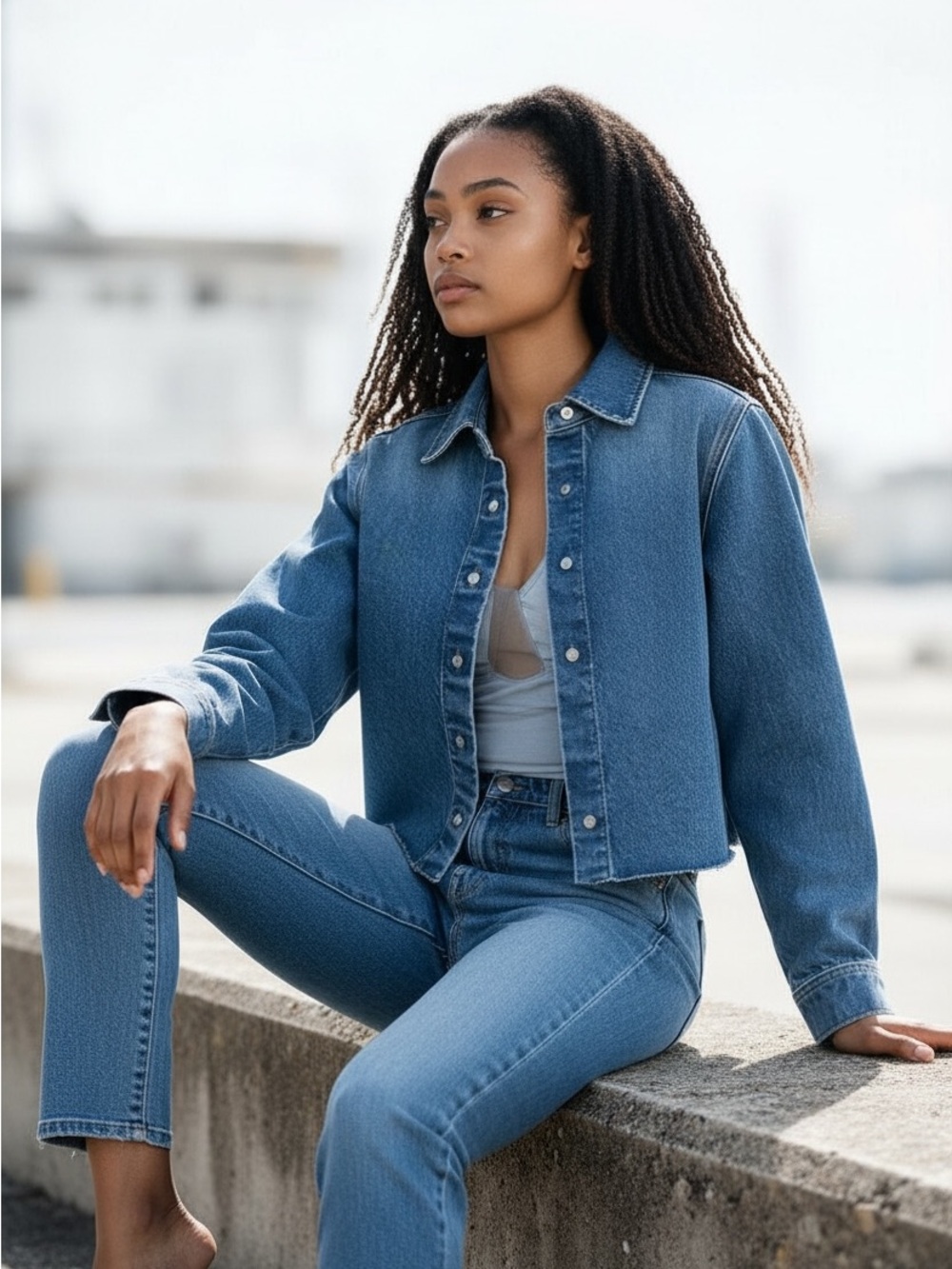 Express Women's Cropped Light Wash Raw Hem Denim Jacket ~ Size: X-Small